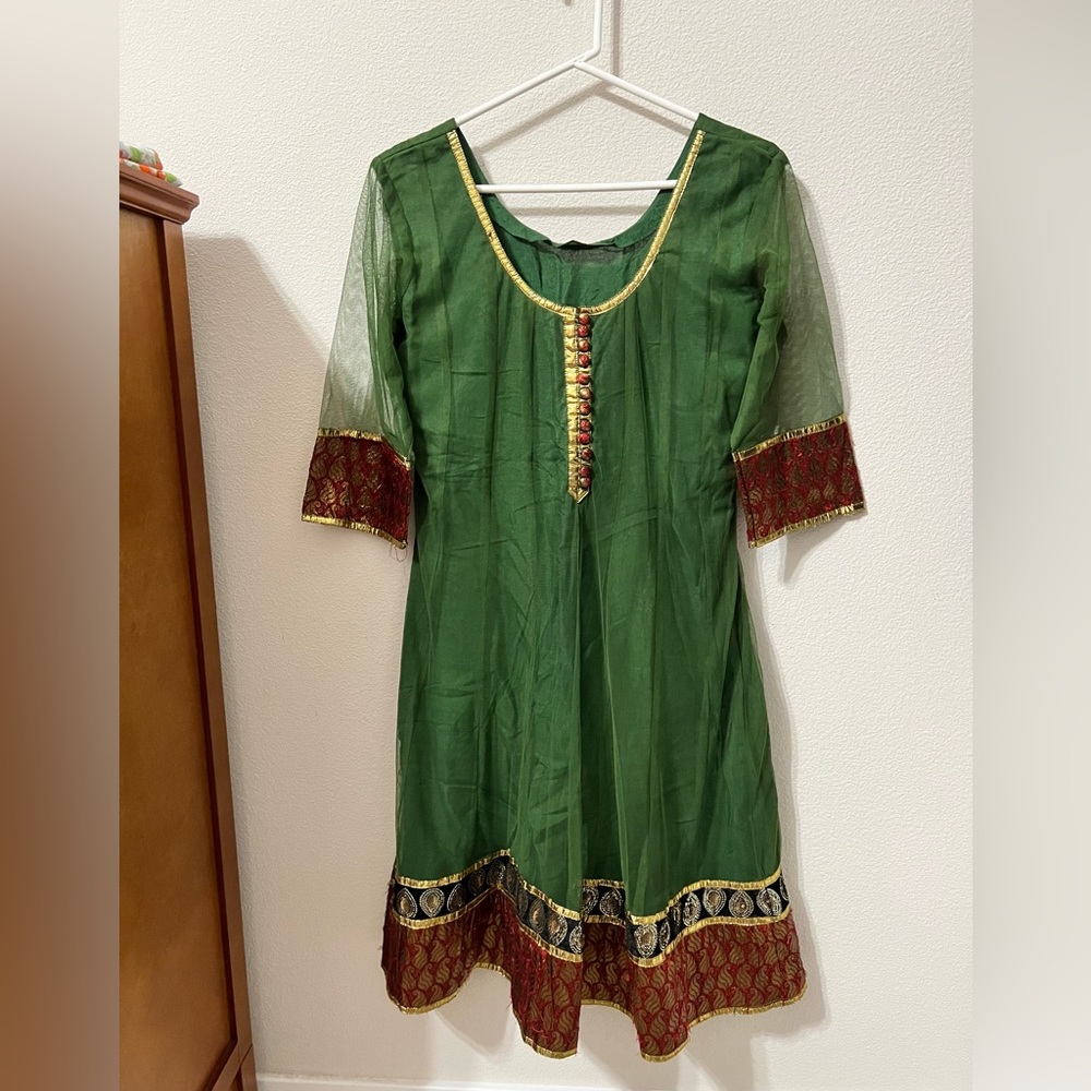 Green Net Kurta with Silk Brocade Border